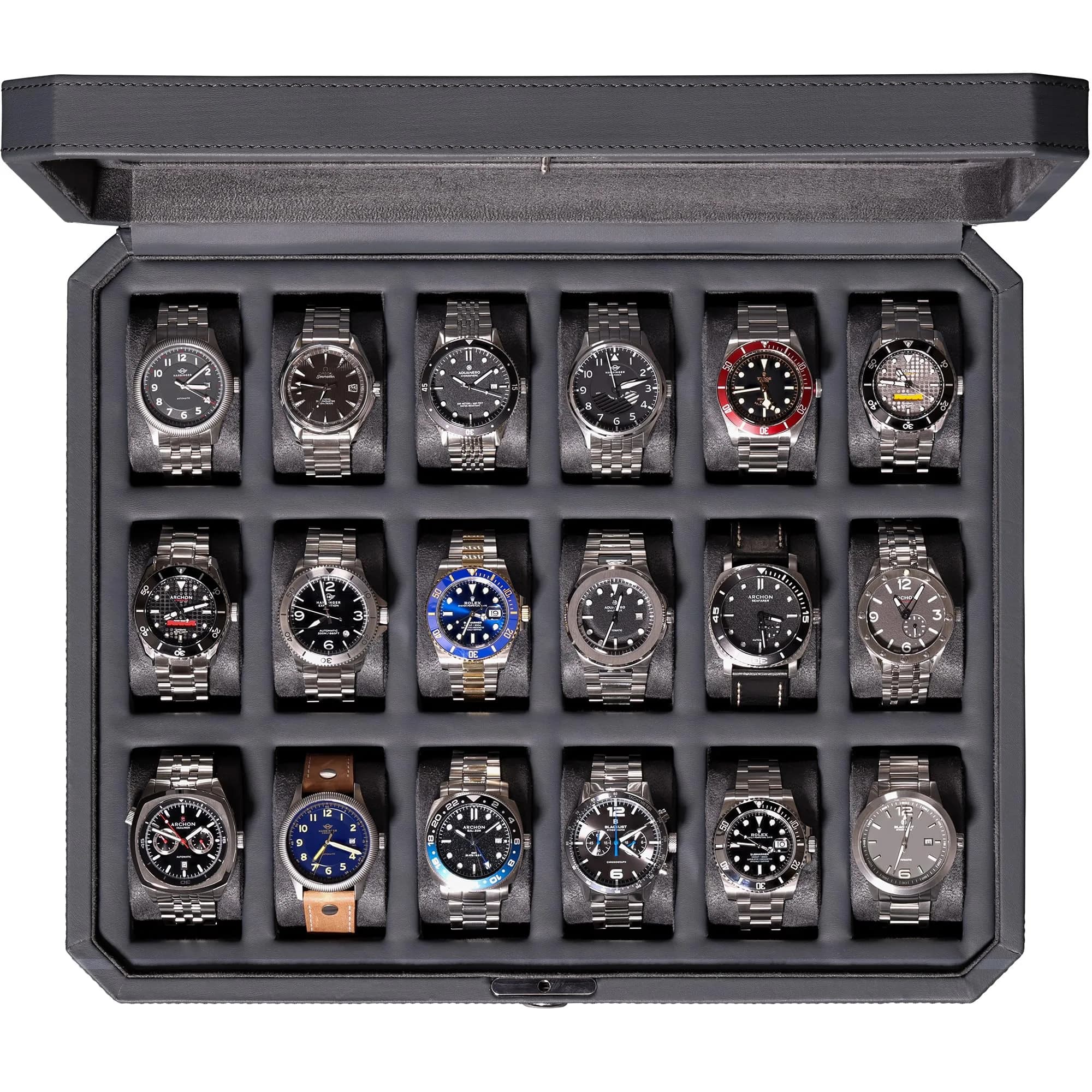 ROTHWELL 18-Slot Watch Box with Real Glass Lid & Lock | 41cm x 33cm x 9cm — 18 Slot - Carbon