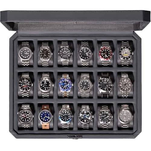 ROTHWELL 18-Slot Watch Case – Luxury Watch Box for Men, Real Glass Top, Lockable, Elegant Display for Collections (Carbon) | 40.6cm x 33cm x 8.9cm thumbnail 1