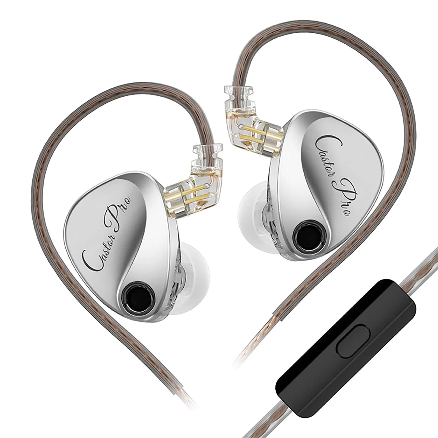 CCA KZ Castor Pro Tunable In-Ear Monitor Headphones with Dual Dynamic Drivers, 16 Sound Profiles, 3.5mm Jack | HiFi Sound — Silver / With Mic