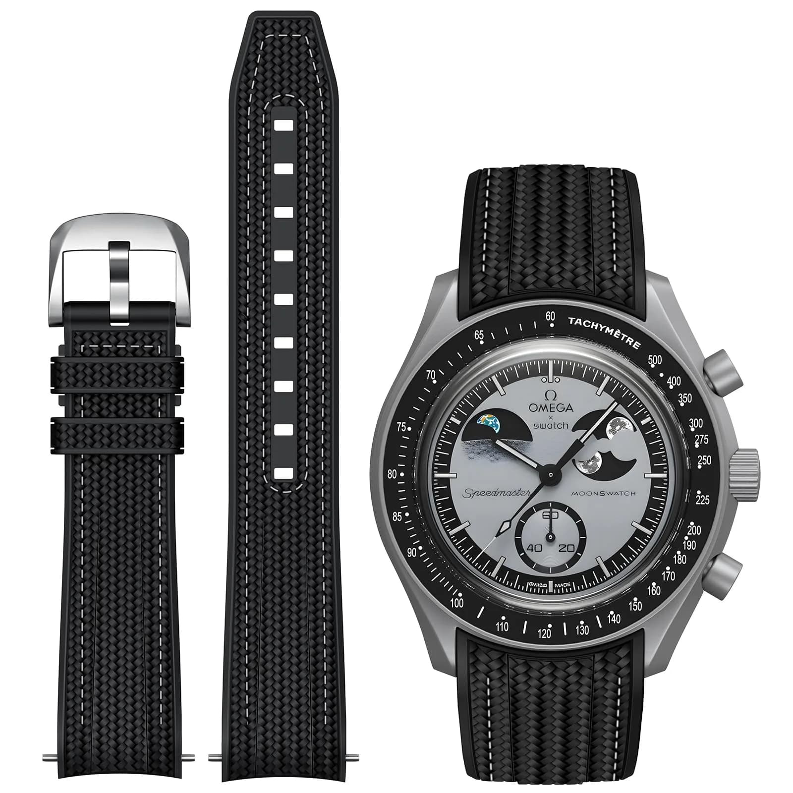 REBANDACE Silicone Watch Strap for Omega x Swatch Moonswatch 20mm | Curved End, Black with White Line — Black white line