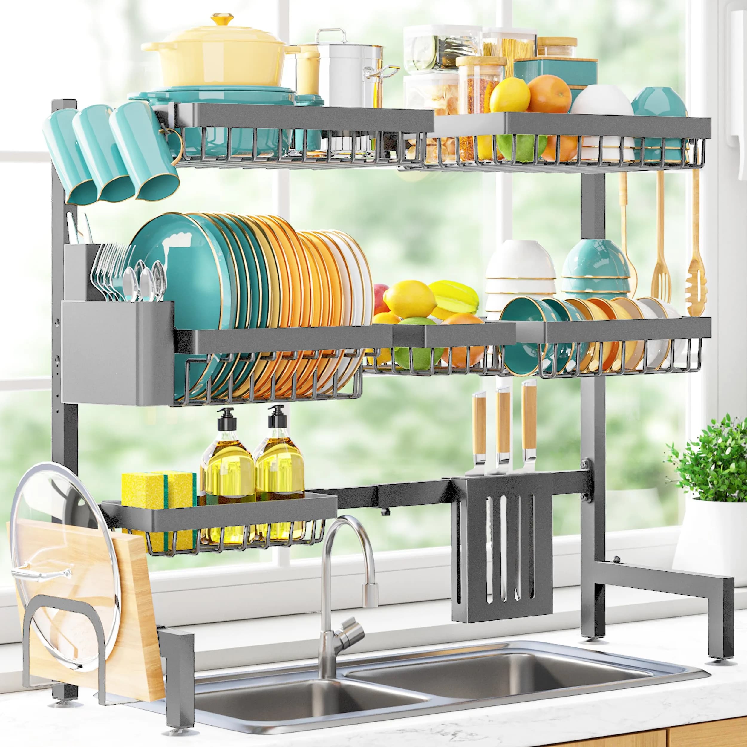 Sakugi Over The Sink Dish Drying Rack - Adjustable 3 Tier XX-Large Capacity Stainless Steel Drainer with Cutlery & Utensil Holders, Kitchen Storage & Organization, 31.5"-39.5"L x 12"W x 30.5"H, Gray — Gray