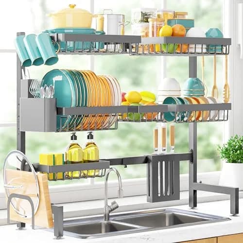 Sakugi Over The Sink Dish Drying Rack - Adjustable 3 Tier XX-Large Capacity Stainless Steel Drainer with Cutlery & Utensil Holders, Kitchen Storage & Organization, 31.5"-39.5"L x 12"W x 30.5"H, Gray thumbnail 1