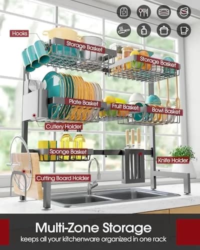 Sakugi Over The Sink Dish Drying Rack - Adjustable 3 Tier XX-Large Capacity Stainless Steel Drainer with Cutlery & Utensil Holders, Kitchen Storage & Organization, 31.5"-39.5"L x 12"W x 30.5"H, Gray thumbnail 2