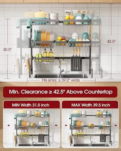 Sakugi Over The Sink Dish Drying Rack - Adjustable 3 Tier XX-Large Capacity Stainless Steel Drainer with Cutlery & Utensil Holders, Kitchen Storage & Organization, 31.5"-39.5"L x 12"W x 30.5"H, Gray thumbnail 3