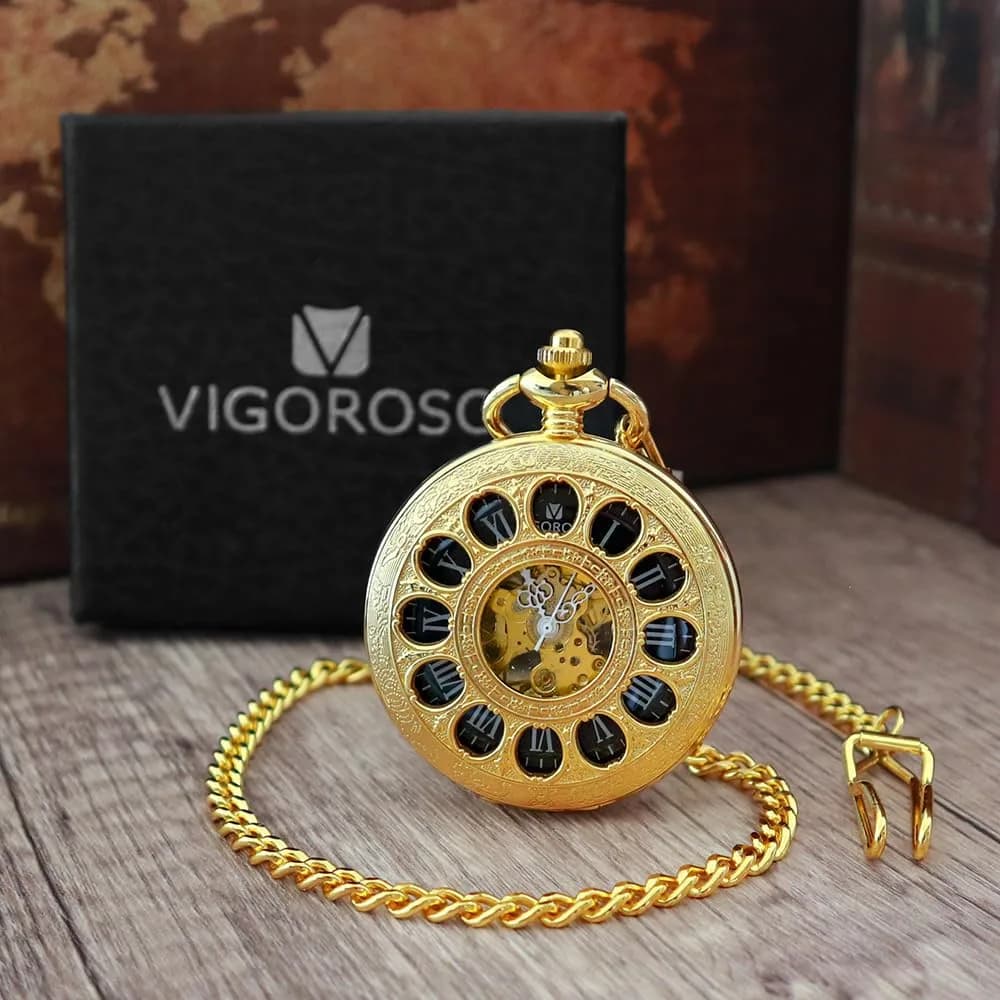 VIGOROSO Mechanical Pocket Watch for Men Gold | Vintage Roman Numerals & Floral Engraved Cover thumbnail 5