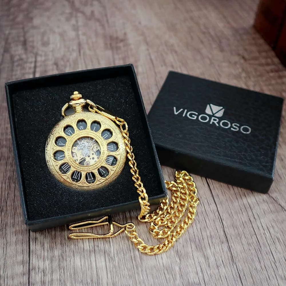 VIGOROSO Mechanical Pocket Watch for Men Gold | Vintage Roman Numerals & Floral Engraved Cover thumbnail 6
