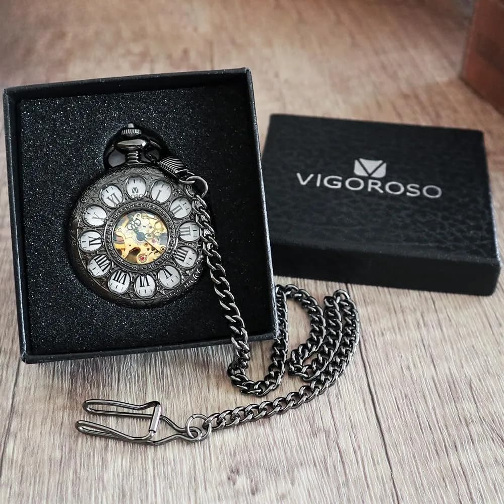 VIGOROSO Mechanical Pocket Watch for Men Gold | Vintage Roman Numerals & Floral Engraved Cover thumbnail 8