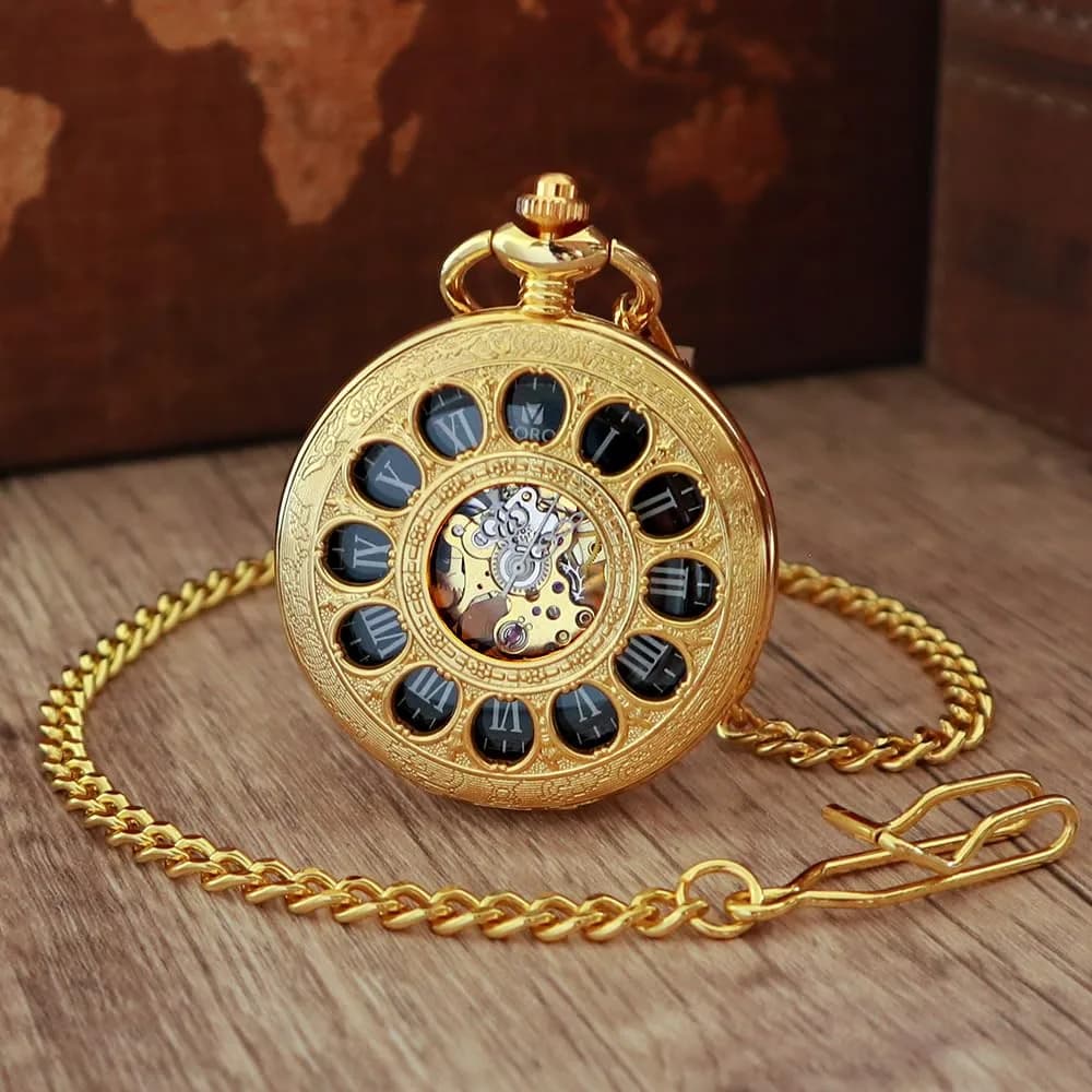 VIGOROSO Mechanical Pocket Watch for Men Gold | Vintage Roman Numerals & Floral Engraved Cover thumbnail 2