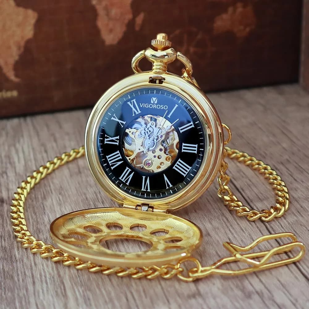 VIGOROSO Mechanical Pocket Watch for Men Gold | Vintage Roman Numerals & Floral Engraved Cover thumbnail 3