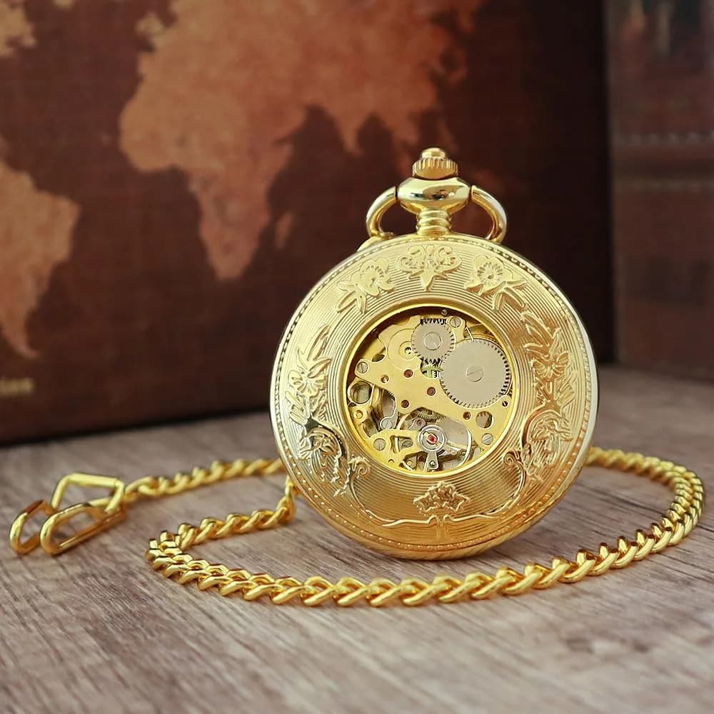 VIGOROSO Mechanical Pocket Watch for Men Gold | Vintage Roman Numerals & Floral Engraved Cover thumbnail 4