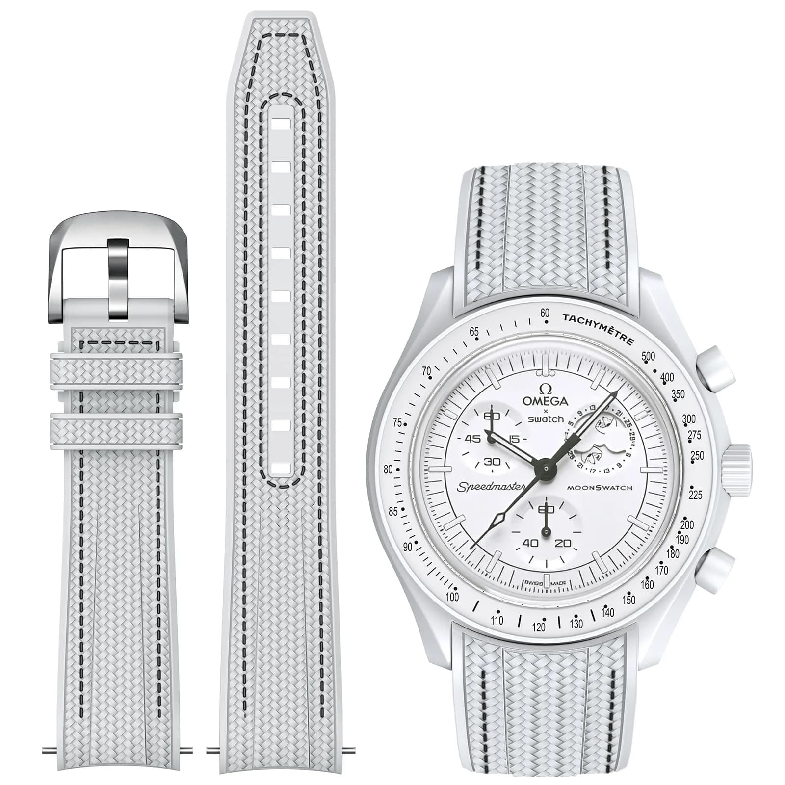 REBANDACE Silicone Watch Strap for Omega x Swatch Moonswatch 20mm | Curved No-Gap Design, Adjustable Size — White black line
