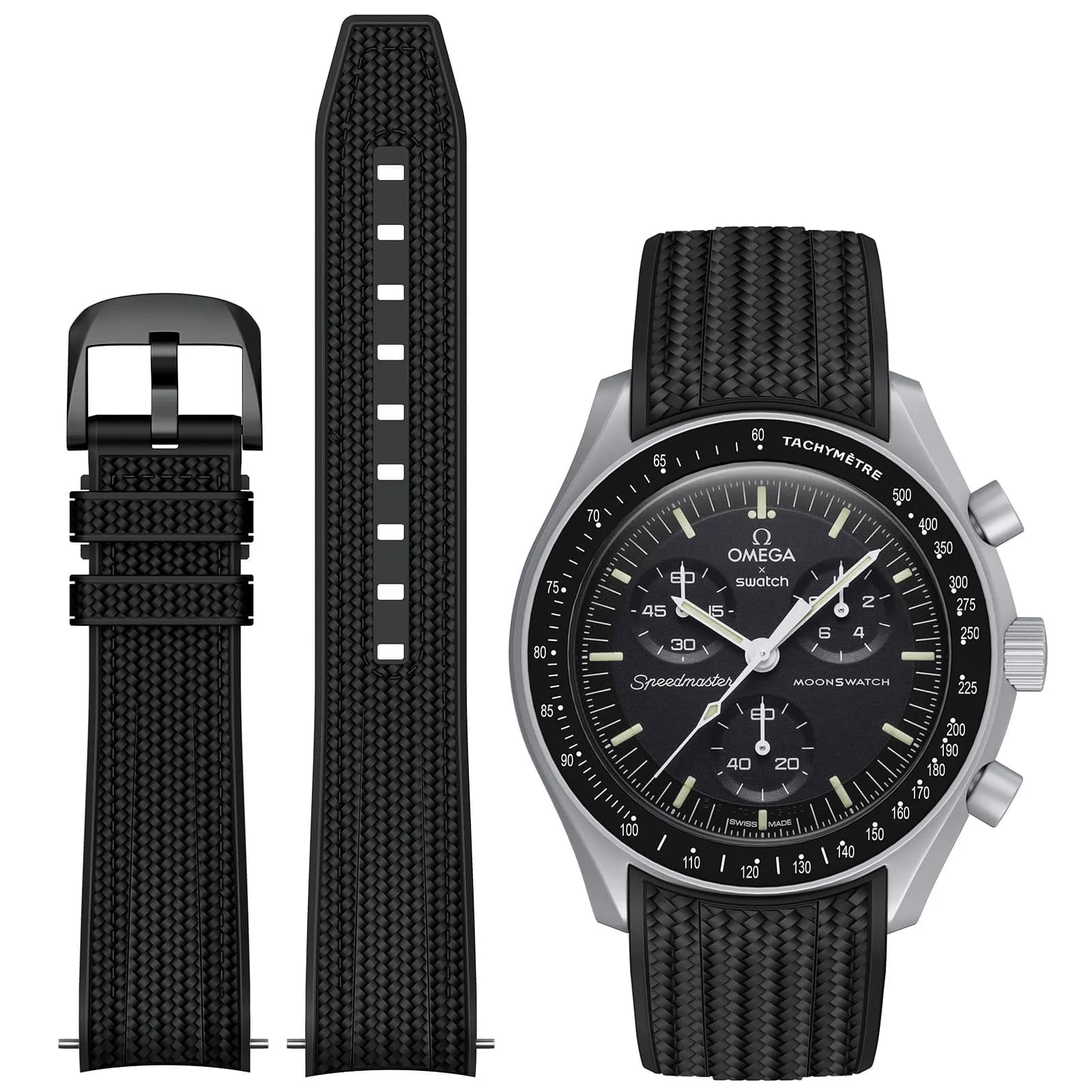 REBANDACE Silicone Watch Strap for Omega x Swatch Moonswatch, 20mm No-Gap Curved Black | Fits 6.2-8.8 inch Wrists