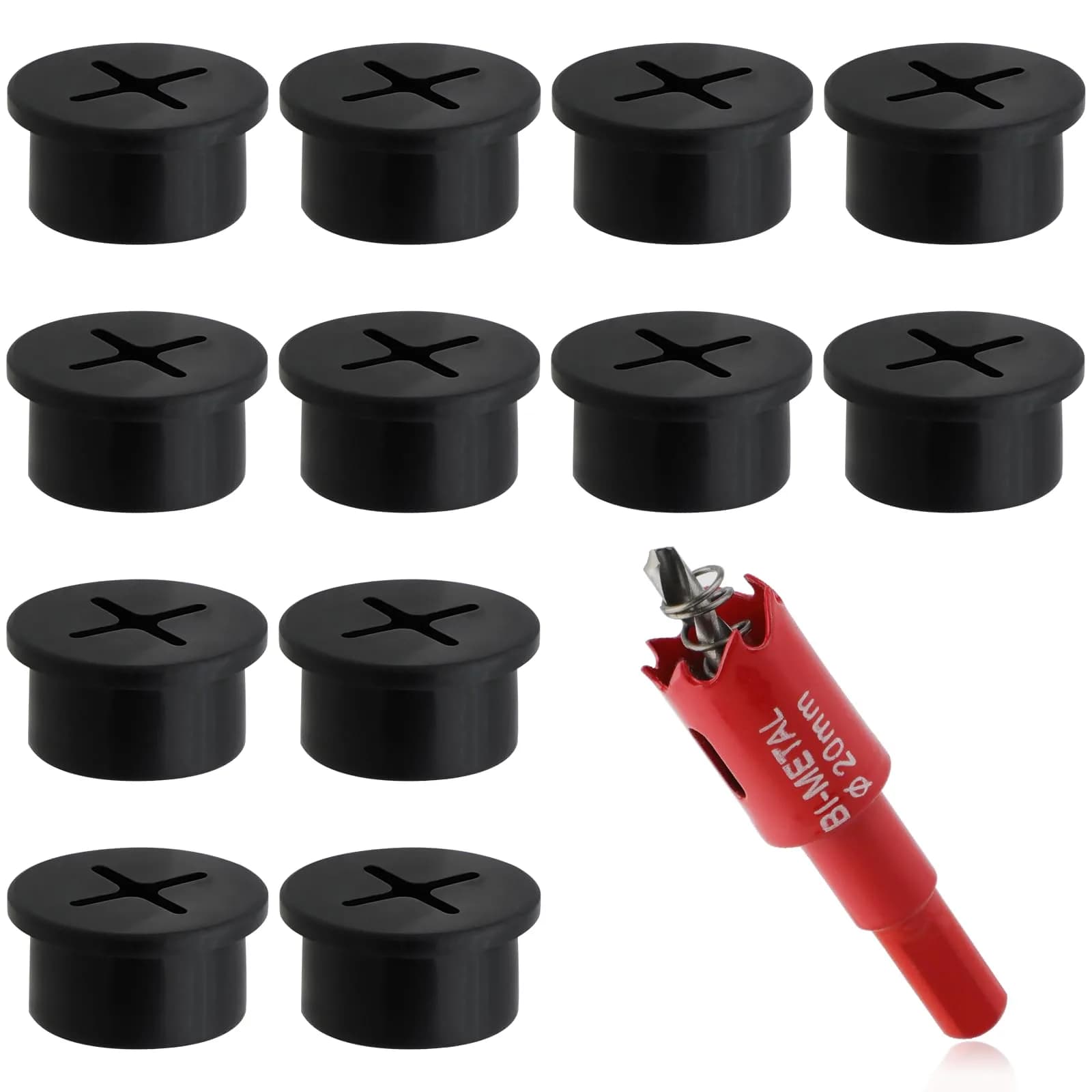 KITANIS 3/4 Inch (20mm) Black-Cross Desk Grommet with Hole Saw | 13-Piece Set for Cable Management - main product image