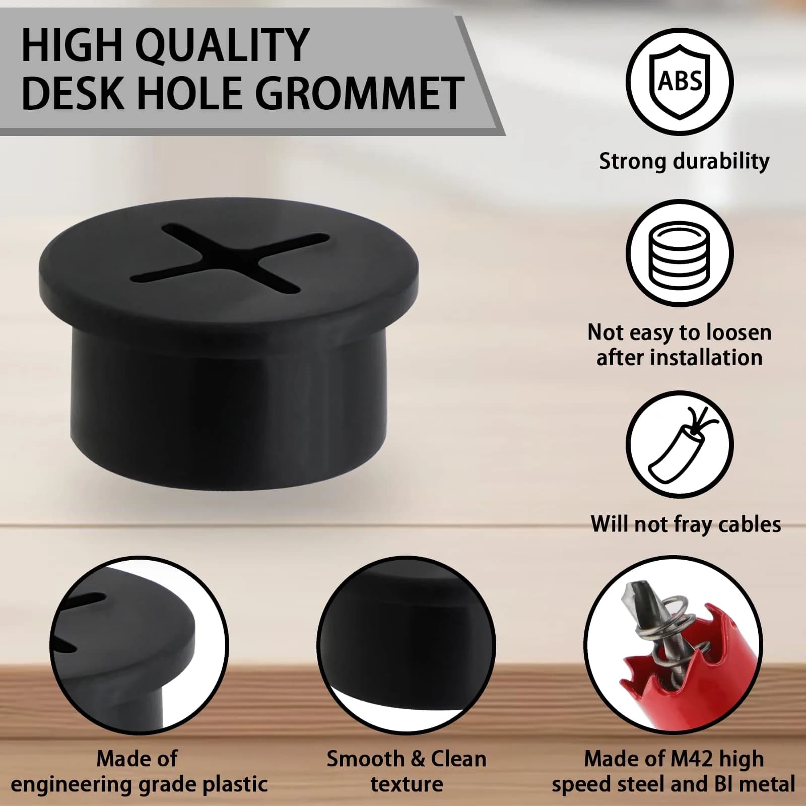 KITANIS 3/4 Inch (20mm) Black-Cross Desk Grommet with Hole Saw | 13-Piece Set for Cable Management - view 3