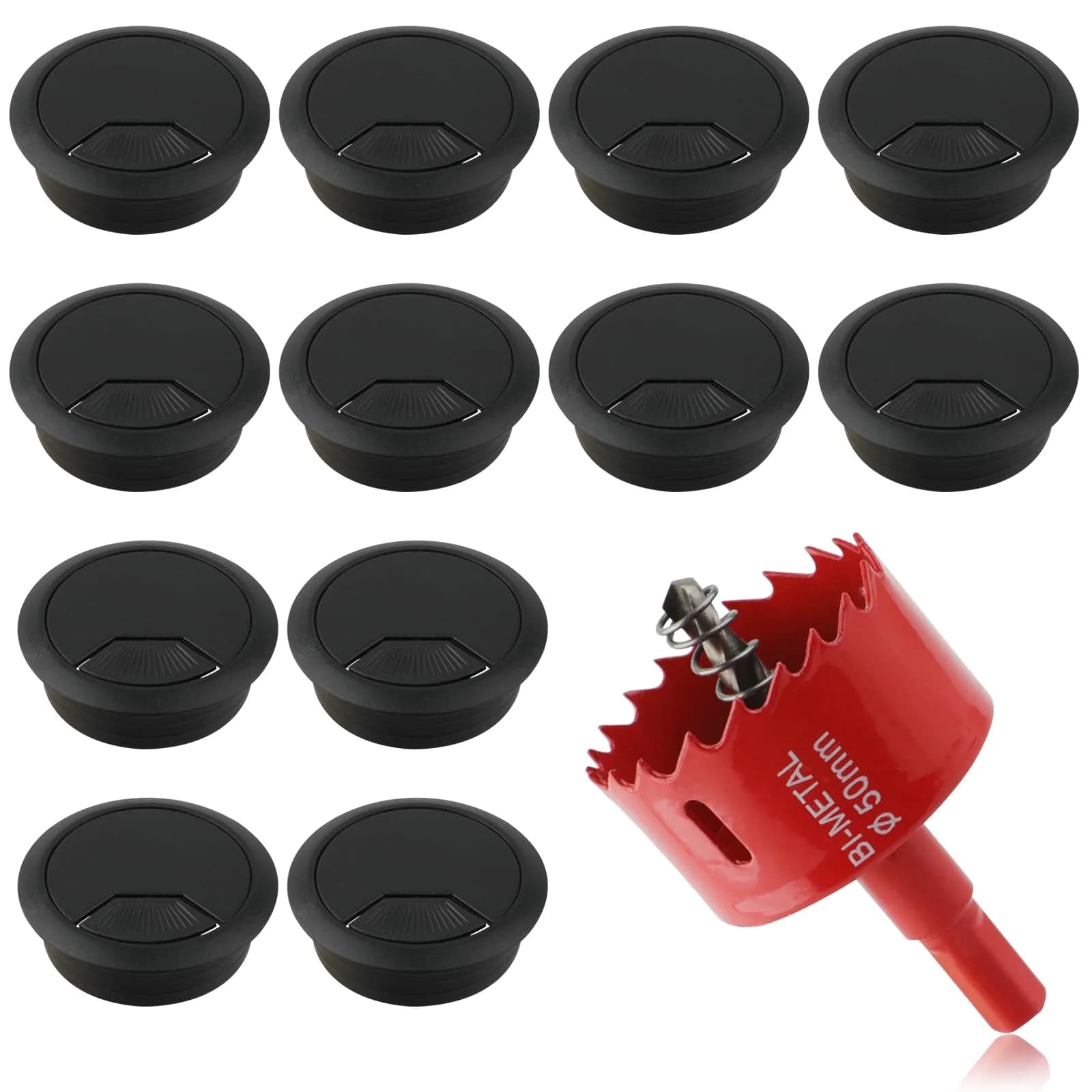 KITANIS 2 Inch (50mm) Black Desk Grommet with Hole Saw | 13-Piece Set for Cable Management - main product image