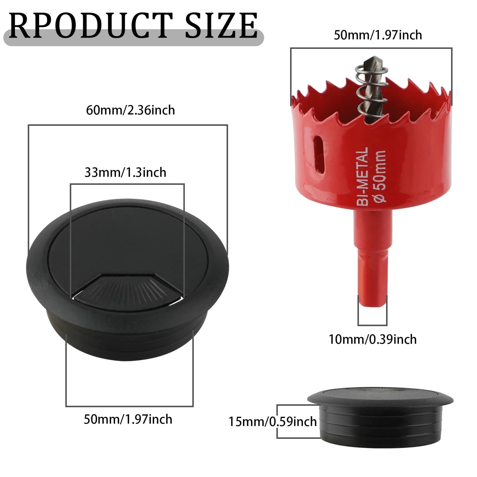 KITANIS 2 Inch (50mm) Black Desk Grommet with Hole Saw | 13-Piece Set for Cable Management - view 2