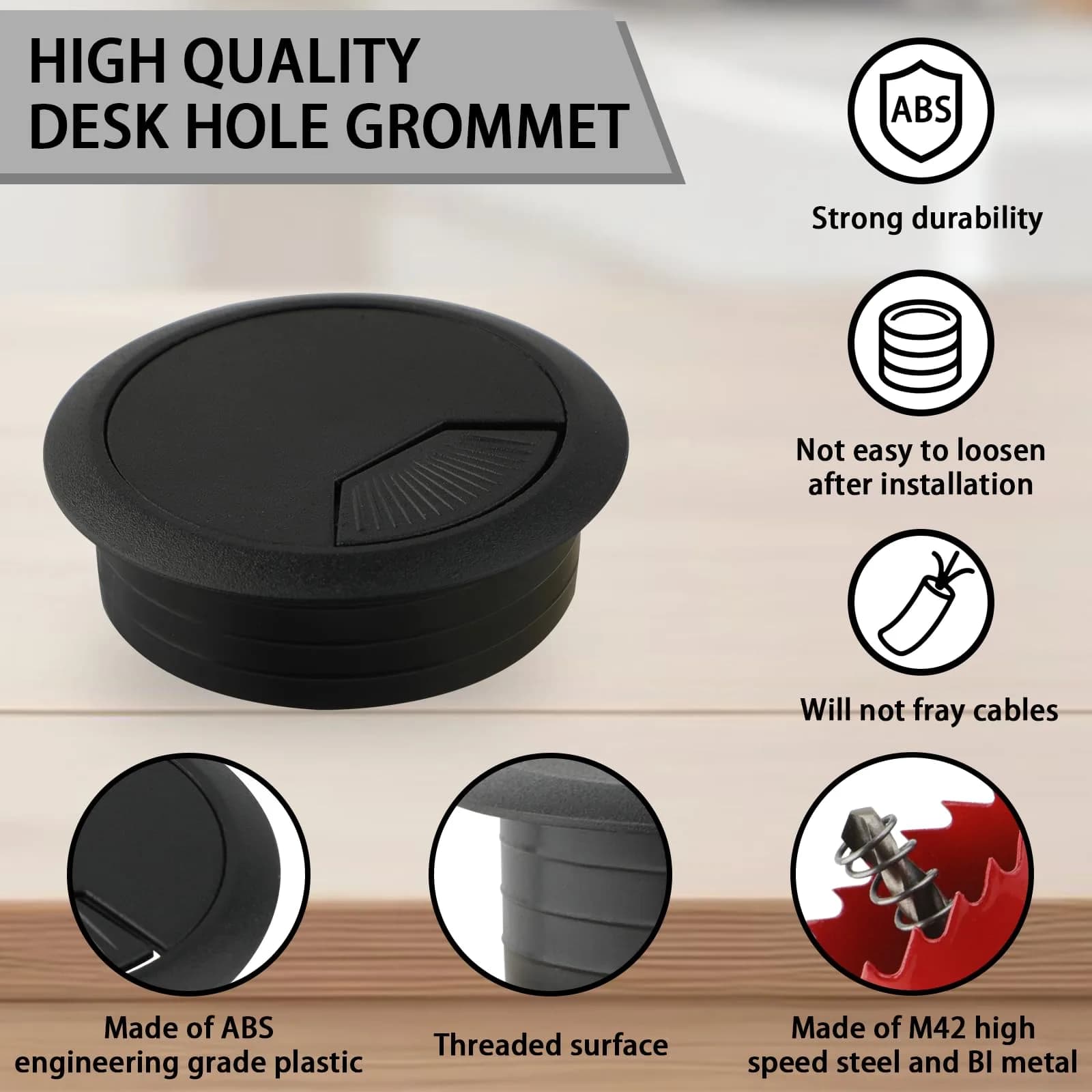 KITANIS 2 Inch (50mm) Black Desk Grommet with Hole Saw | 13-Piece Set for Cable Management - view 3
