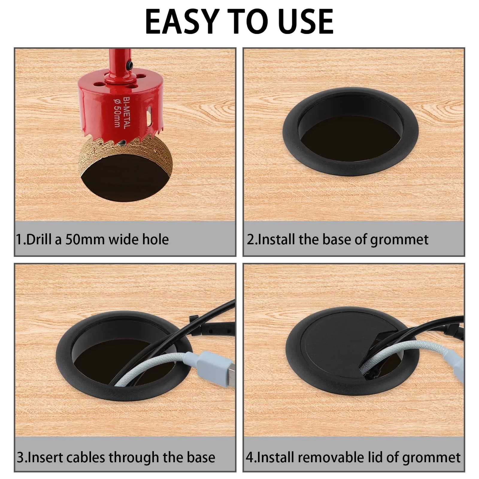 KITANIS 2 Inch (50mm) Black Desk Grommet with Hole Saw | 13-Piece Set for Cable Management - view 4