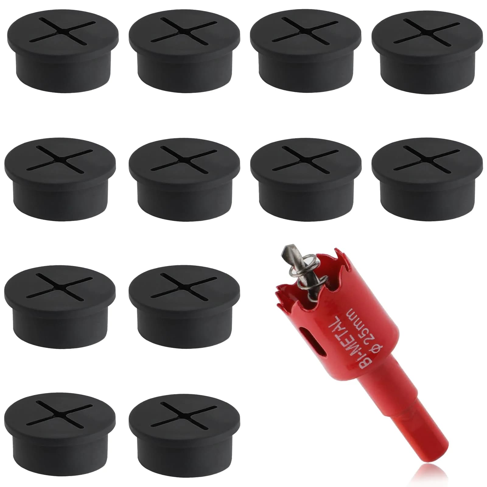 KITANIS 1 Inch (25mm) Black-Cross Desk Grommet with Hole Saw | 12-Piece Set for Cable Management - main product image