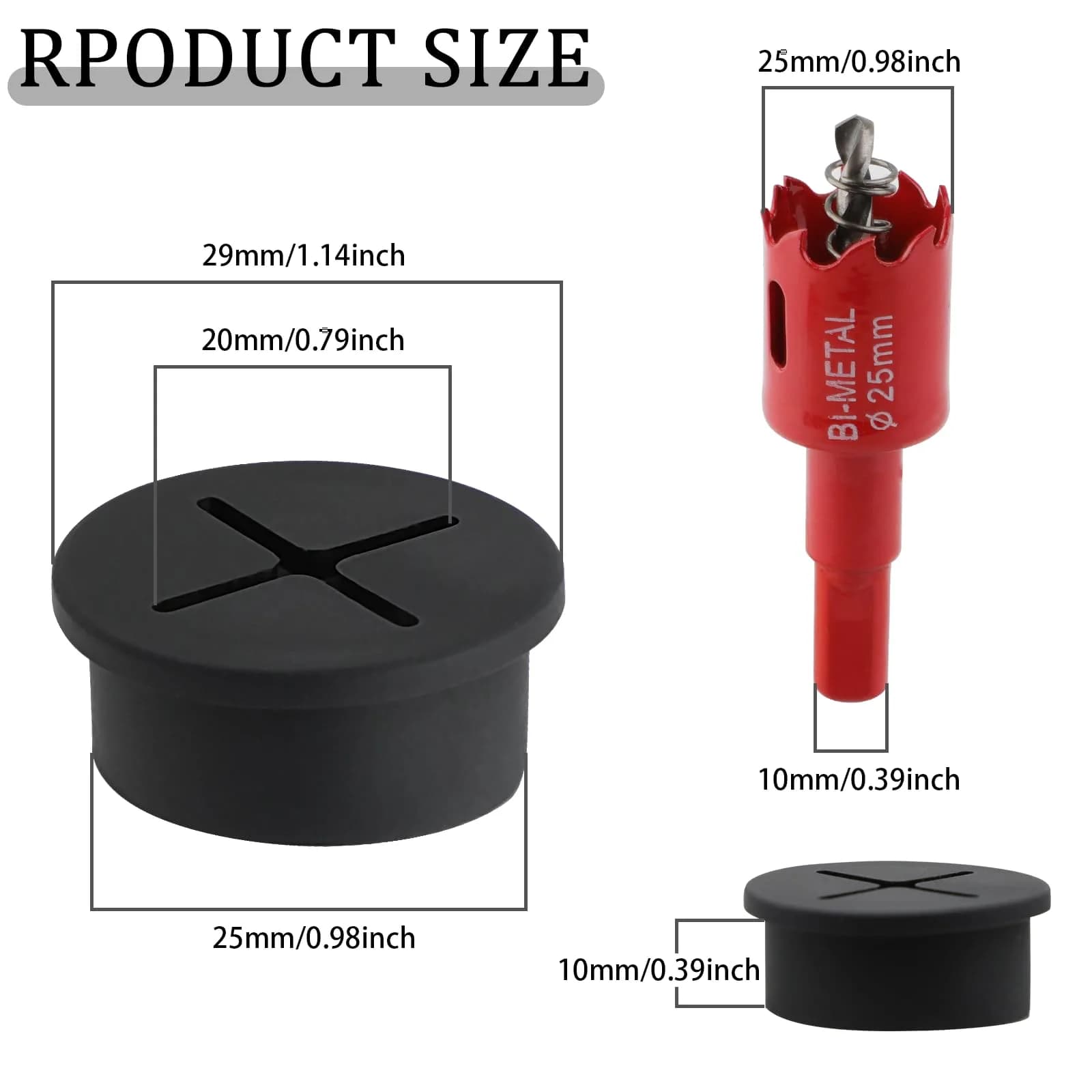 KITANIS 1 Inch (25mm) Black-Cross Desk Grommet with Hole Saw | 12-Piece Set for Cable Management - view 2