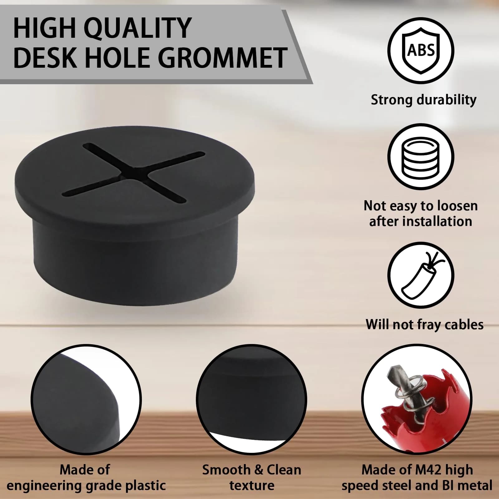 KITANIS 1 Inch (25mm) Black-Cross Desk Grommet with Hole Saw | 12-Piece Set for Cable Management - view 3