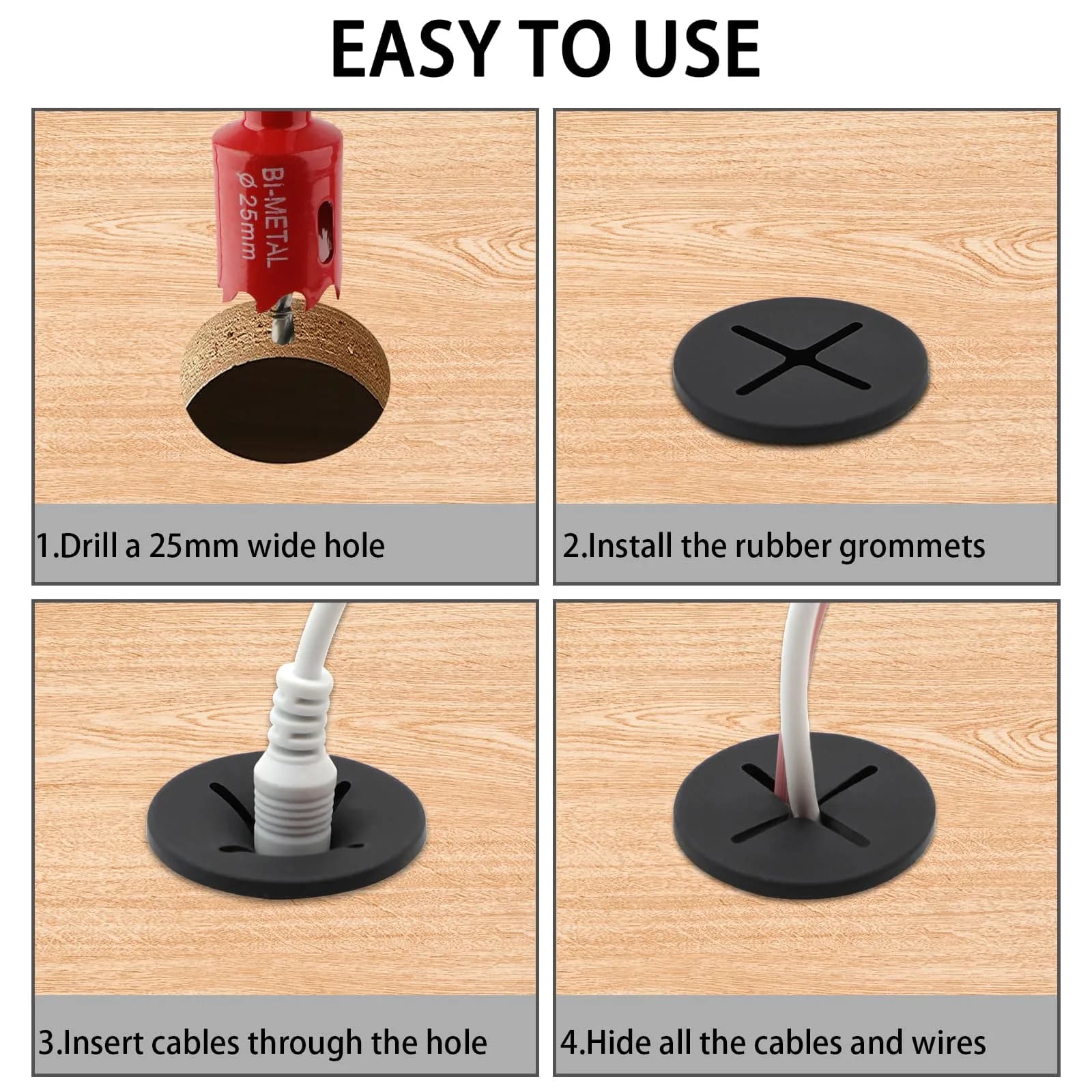 KITANIS 1 Inch (25mm) Black-Cross Desk Grommet with Hole Saw | 12-Piece Set for Cable Management - view 4