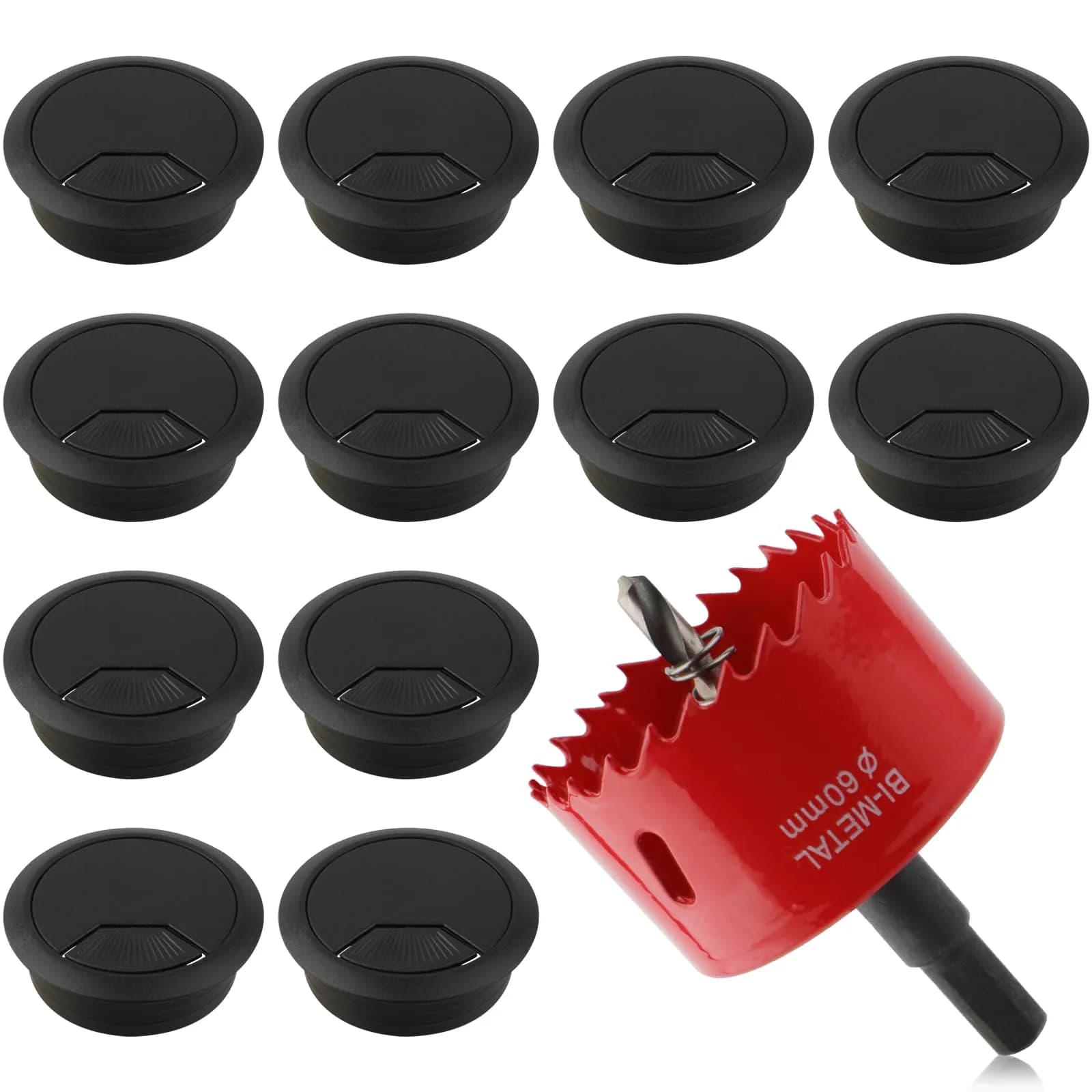 KITANIS 2-3/8 Inch (60mm) Black-Fan Desk Grommet with Hole Saw | 13-Piece Set for Cable Management - main product image
