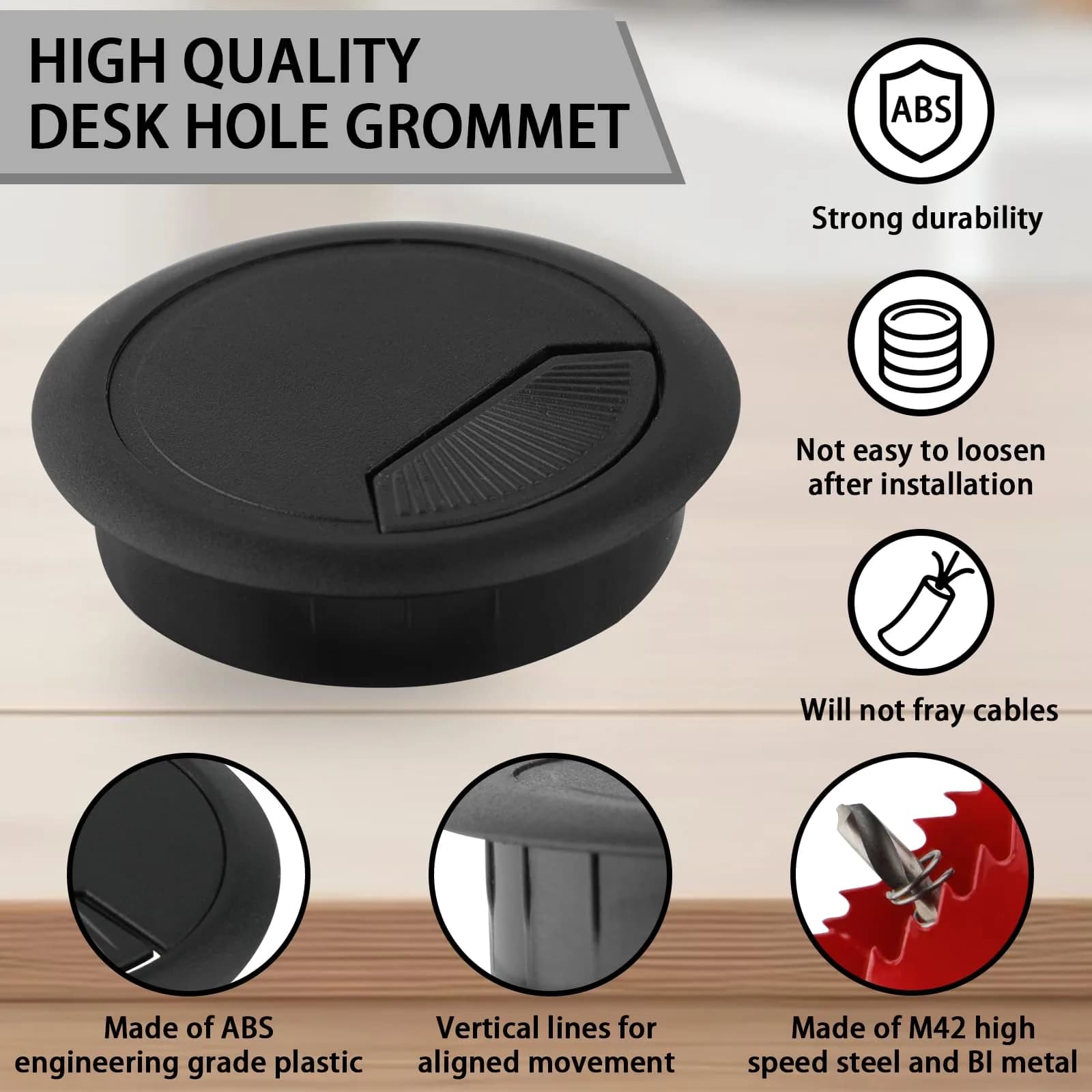 KITANIS 2-3/8 Inch (60mm) Black-Fan Desk Grommet with Hole Saw | 13-Piece Set for Cable Management - view 3
