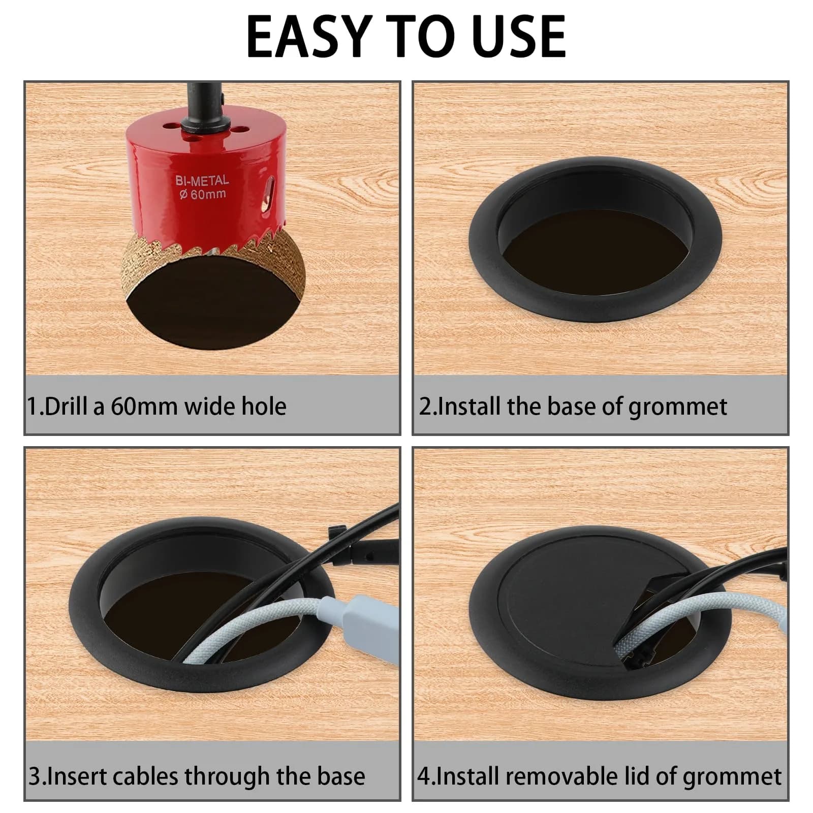 KITANIS 2-3/8 Inch (60mm) Black-Fan Desk Grommet with Hole Saw | 13-Piece Set for Cable Management - view 4