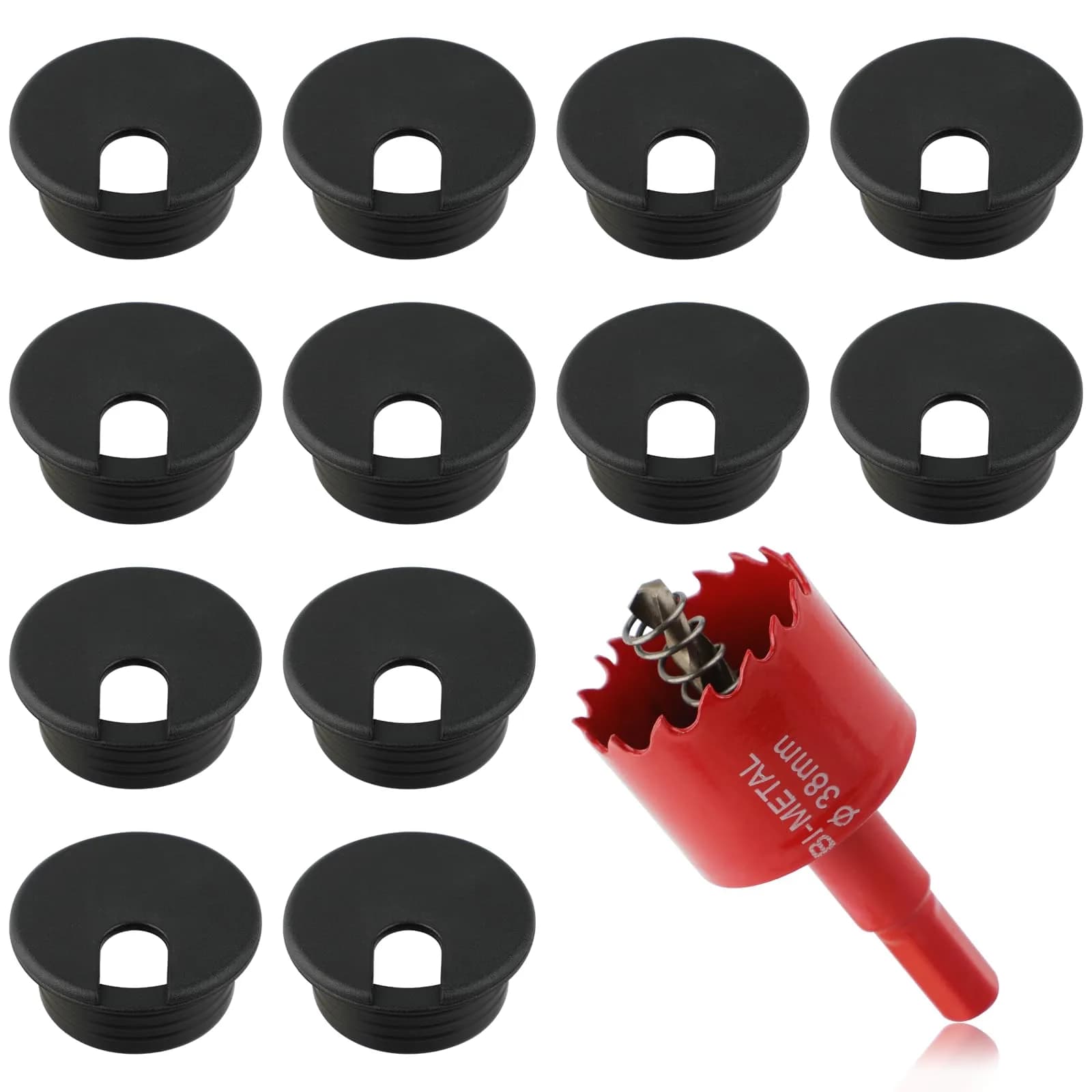KITANIS 1.5 Inch (38mm) Black-U Desk Grommet with Hole Saw | 12-Piece Set for Cable Management - main product image