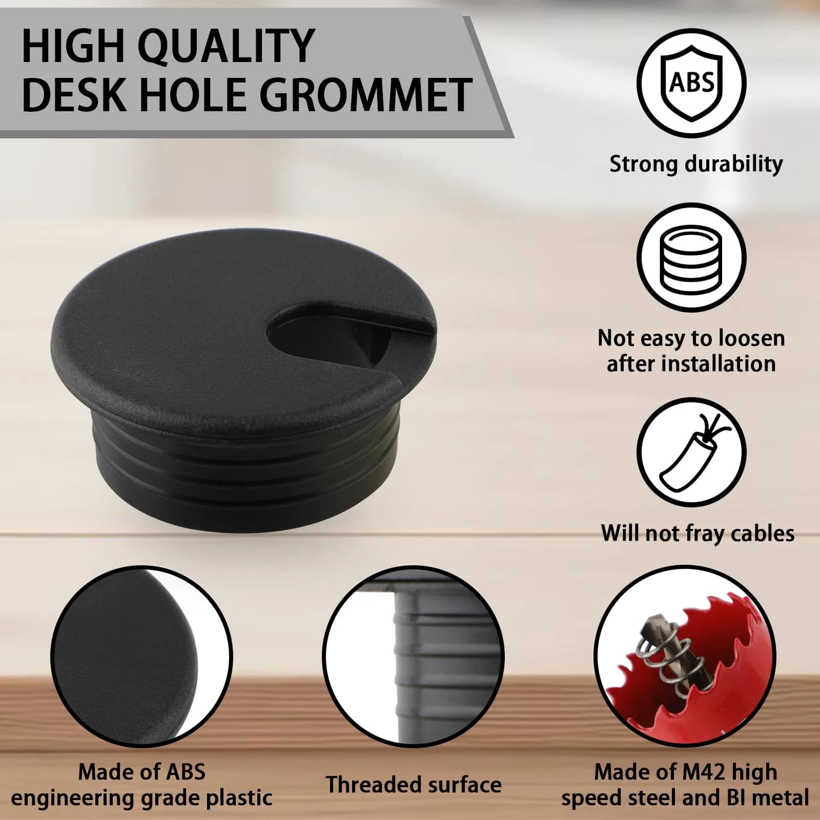 KITANIS 1.5 Inch (38mm) Black-U Desk Grommet with Hole Saw | 12-Piece Set for Cable Management - view 3