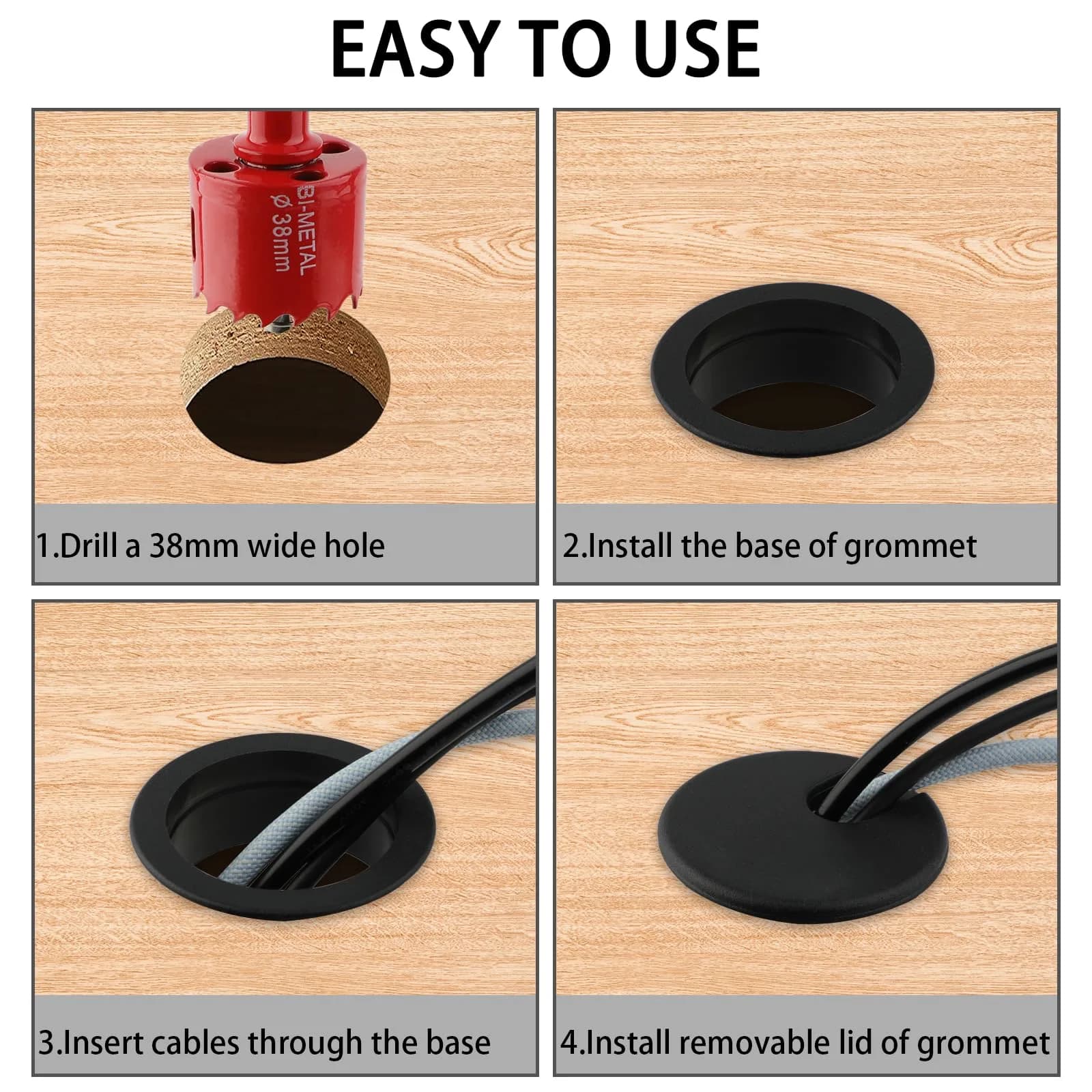 KITANIS 1.5 Inch (38mm) Black-U Desk Grommet with Hole Saw | 12-Piece Set for Cable Management - view 4