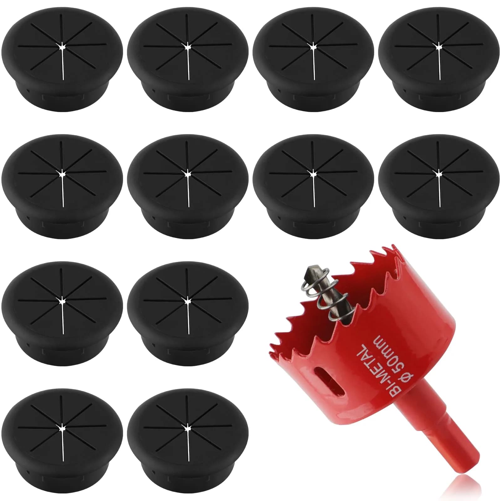 KITANIS 2 Inch (50mm) Black Desk Grommet with Hole Saw | 12-Piece Set for Cable Management - main product image