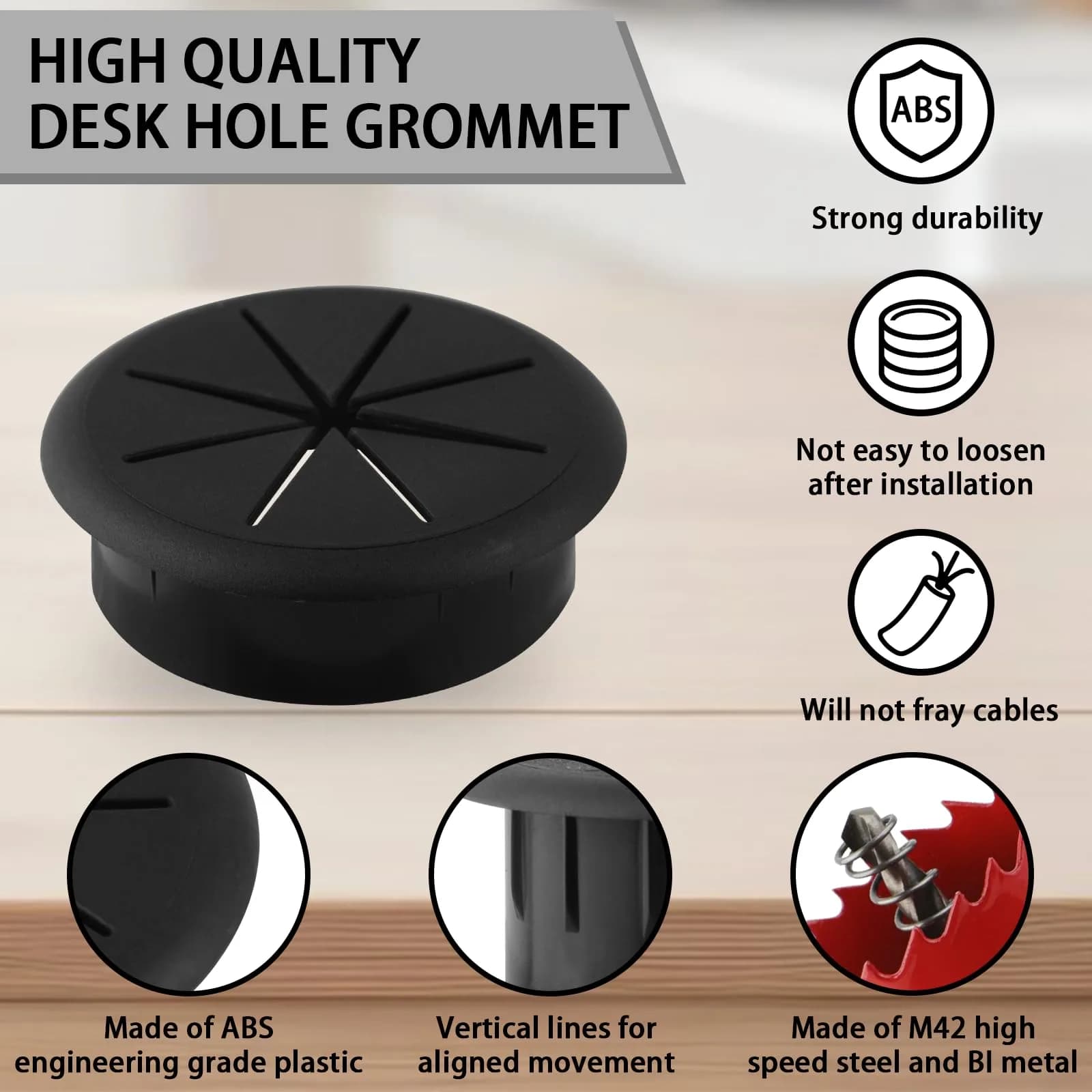 KITANIS 2 Inch (50mm) Black Desk Grommet with Hole Saw | 12-Piece Set for Cable Management - view 3