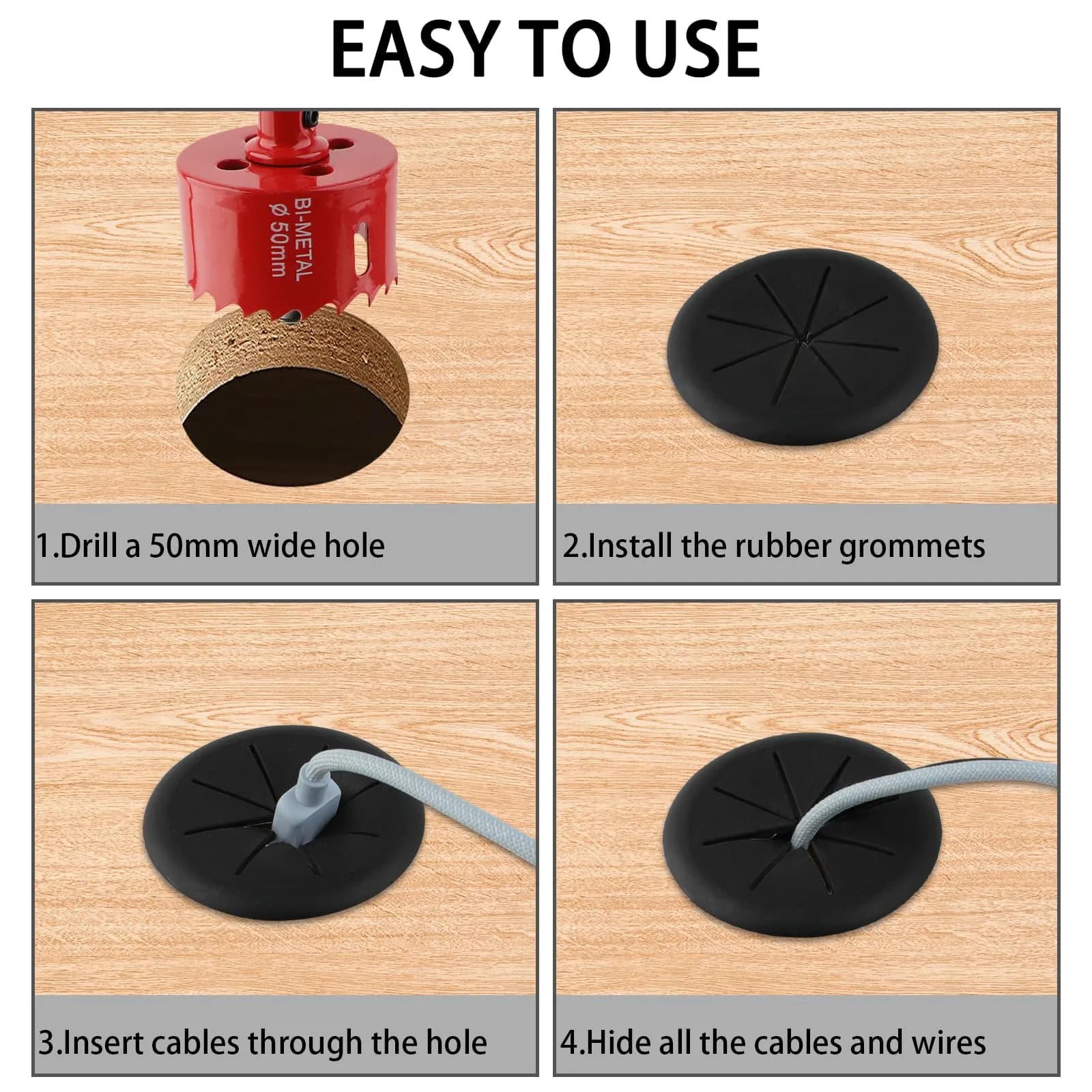 KITANIS 2 Inch (50mm) Black Desk Grommet with Hole Saw | 12-Piece Set for Cable Management - view 4