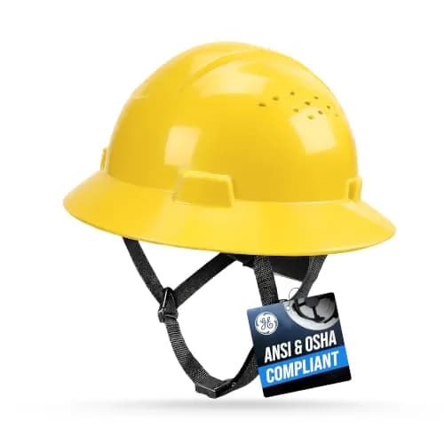GE Hard Hat - Full Brim, Padded, 4-Point Ratchet Suspension, Vented, Yellow | ANSI Z89.1-2014 Impact & Impact Resistance thumbnail 1