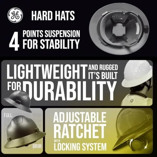 GE Hard Hat - Full Brim, Padded, 4-Point Ratchet Suspension, Vented, Yellow | ANSI Z89.1-2014 Impact & Impact Resistance thumbnail 5