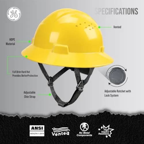GE Hard Hat - Full Brim, Padded, 4-Point Ratchet Suspension, Vented, Yellow | ANSI Z89.1-2014 Impact & Impact Resistance thumbnail 2