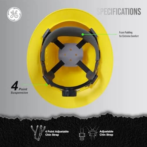 GE Hard Hat - Full Brim, Padded, 4-Point Ratchet Suspension, Vented, Yellow | ANSI Z89.1-2014 Impact & Impact Resistance thumbnail 3
