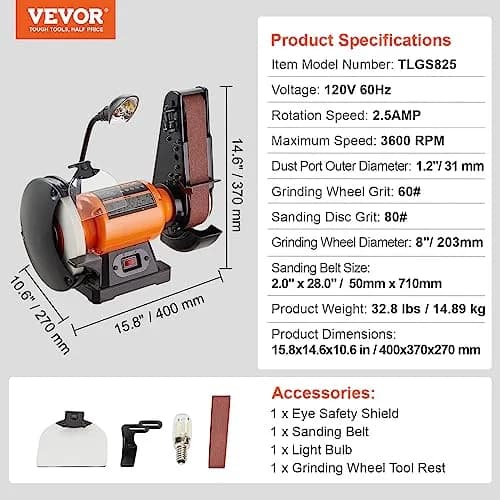 VEVOR 8 Inch Bench Grinder with 2x28 Inch Belt Sander, 2.5A Induction Motor for Metalworking & Sharpening thumbnail 7