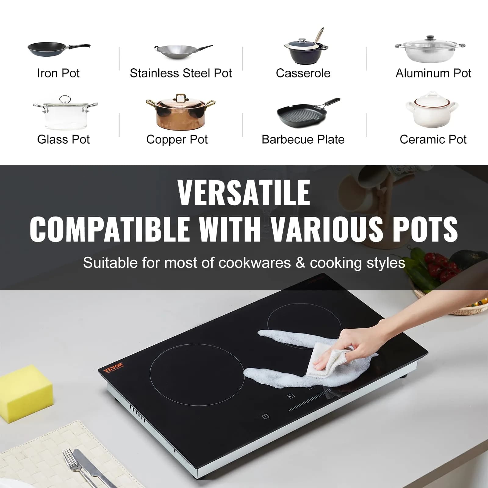 VEVOR 24in Electric Radiant Cooktop 1800W 2 Burners | 120V Built-in Ceramic Stove Top with Touch Control & Timer - view 4