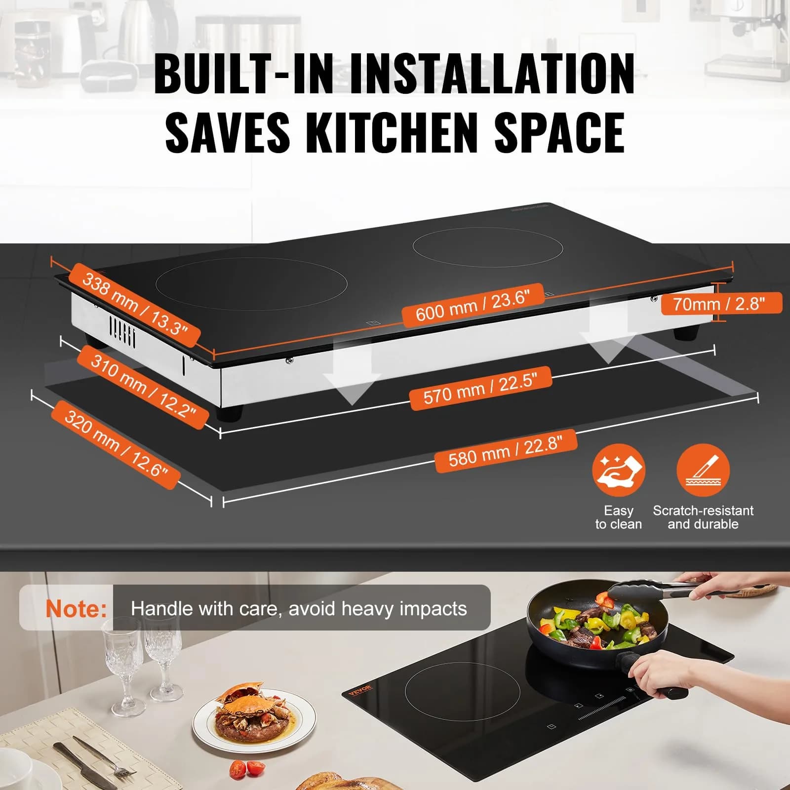 VEVOR 24in Electric Radiant Cooktop 1800W 2 Burners | 120V Built-in Ceramic Stove Top with Touch Control & Timer - view 6