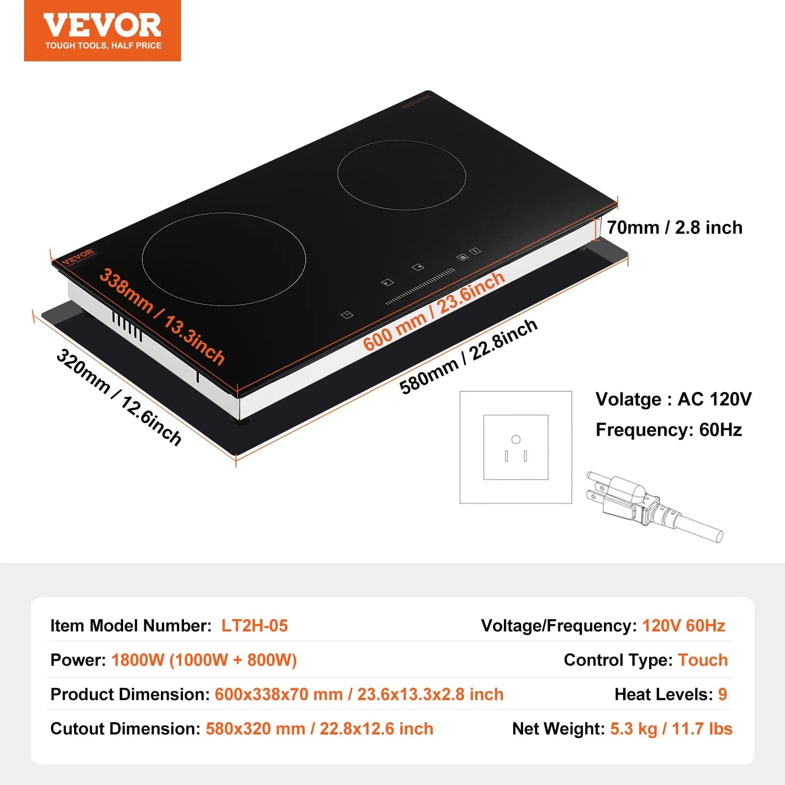 VEVOR 24in Electric Radiant Cooktop 1800W 2 Burners | 120V Built-in Ceramic Stove Top with Touch Control & Timer - view 7