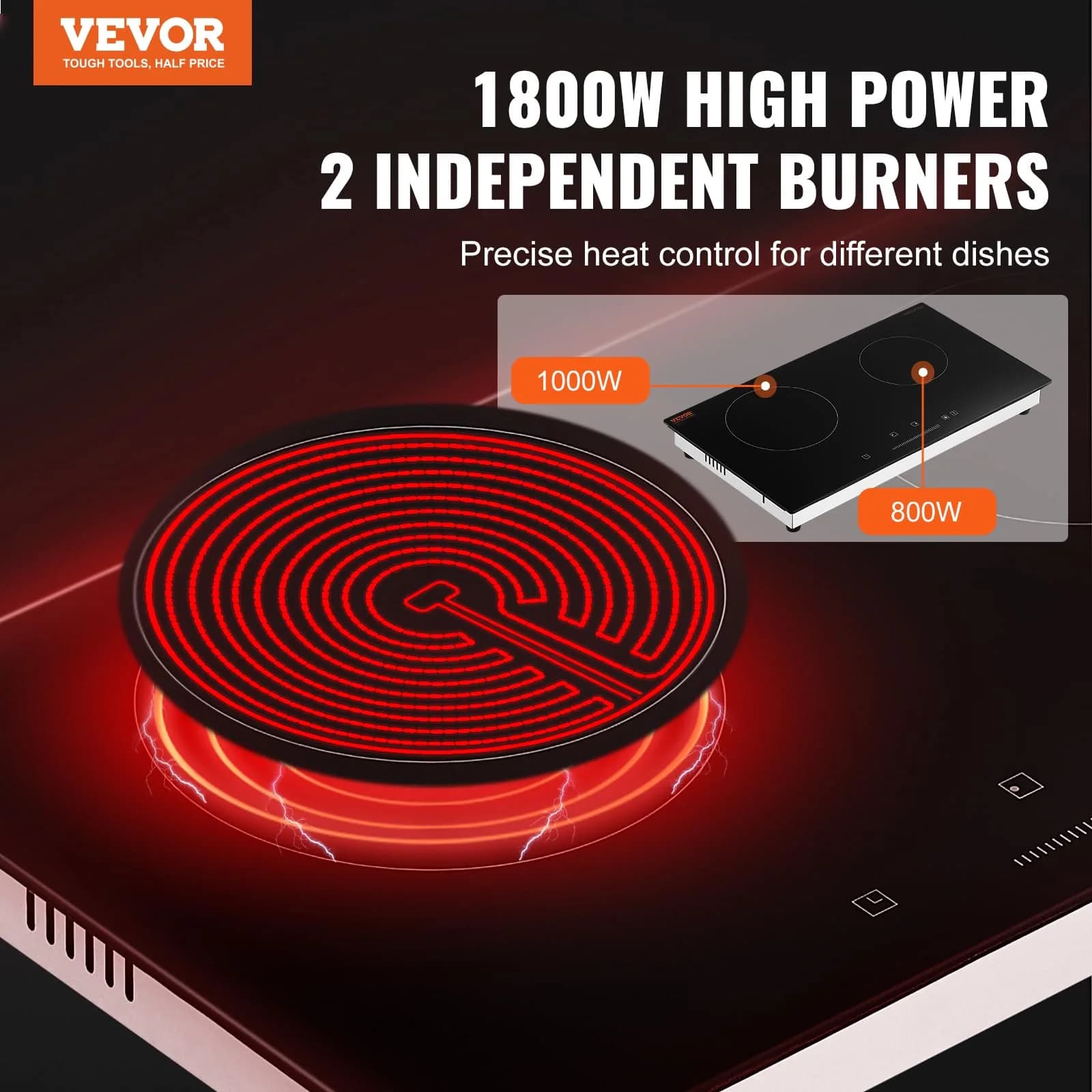 VEVOR 24in Electric Radiant Cooktop 1800W 2 Burners | 120V Built-in Ceramic Stove Top with Touch Control & Timer - view 2