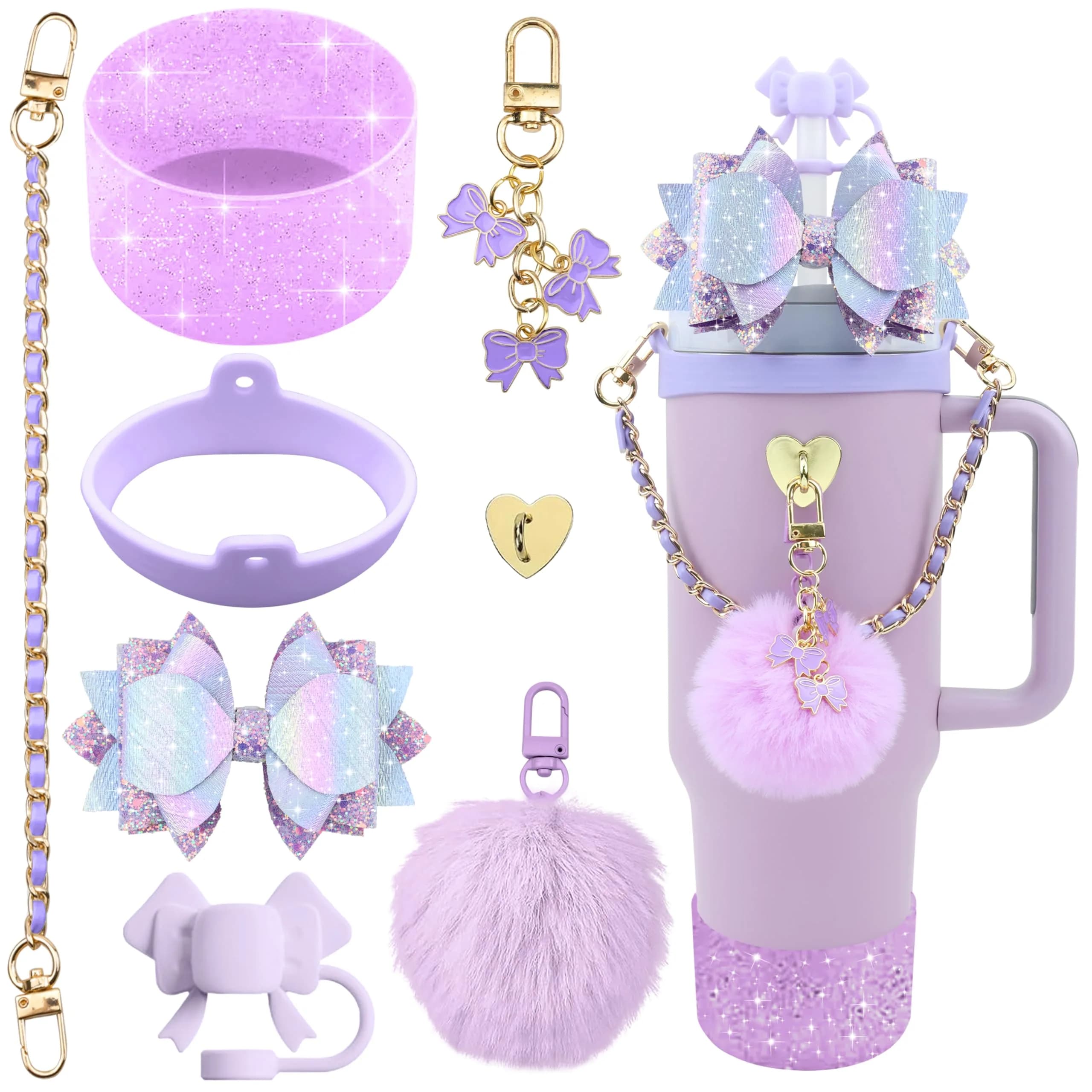 SEMATA Bling Bow Tumbler Accessories Set for Stanley Cup 30oz 40oz | Purple Y2K Style Glamour - main product image