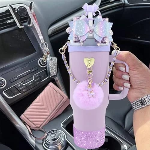 SEMATA Bling Bow Tumbler Accessories Set for Stanley Cup 30oz 40oz | Purple Y2K Style Glamour thumbnail 5