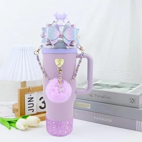 SEMATA Bling Bow Tumbler Accessories Set for Stanley Cup 30oz 40oz | Purple Y2K Style Glamour thumbnail 6