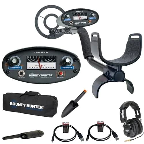 Bounty Hunter Tracker IV Metal Detector Bundle with Waterproof 8" Coil, Pinpointer, Trowel, Carry Bag, Headphones & Rechargeable Batteries | 2.8 lbs (1.27 kg) thumbnail 1