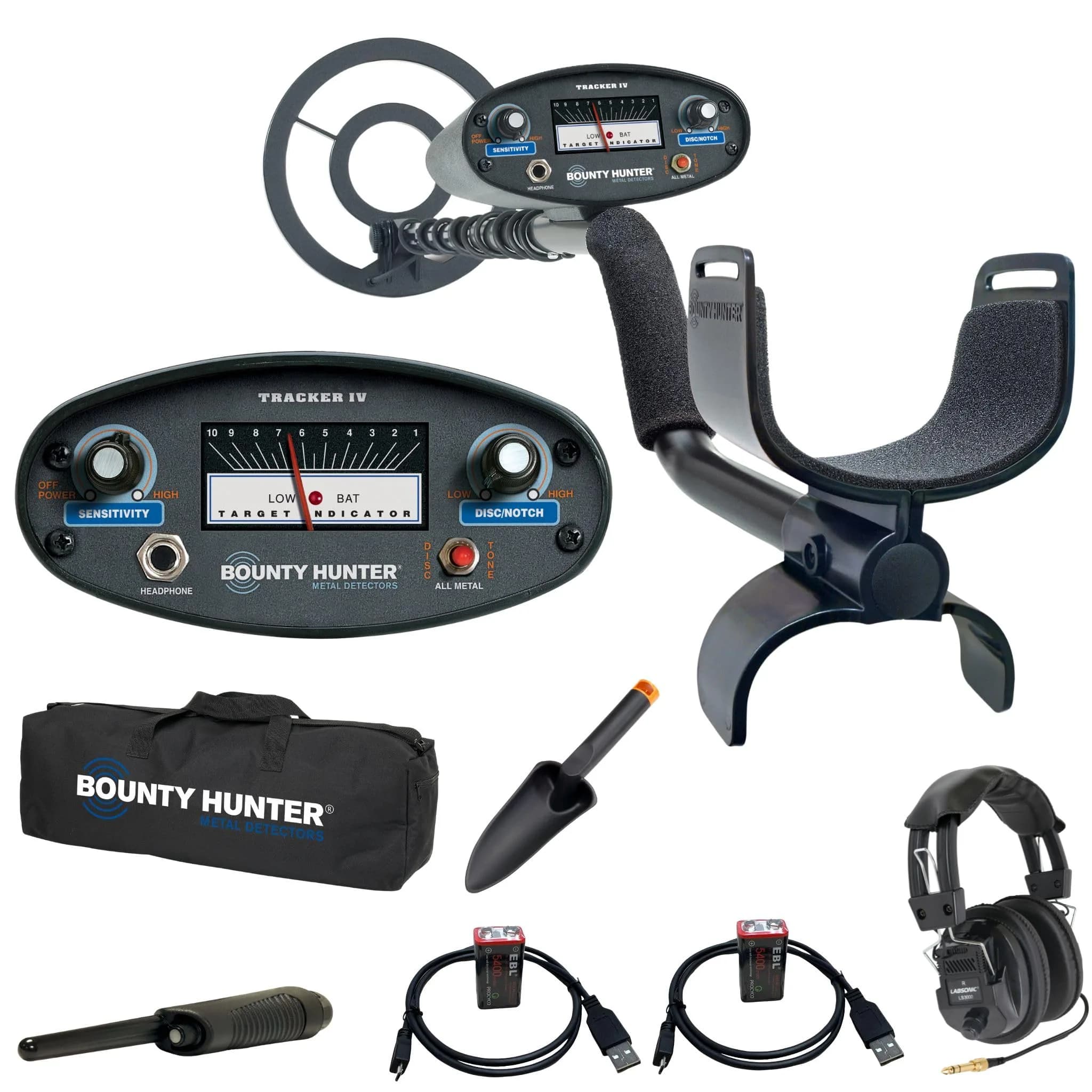 Bounty Hunter Tracker IV Metal Detector Bundle with Waterproof 8" Coil, Pinpointer, Trowel, Carry Bag, Headphones & Rechargeable Batteries | 2.8 lbs (1.27 kg) — TK4 Kit