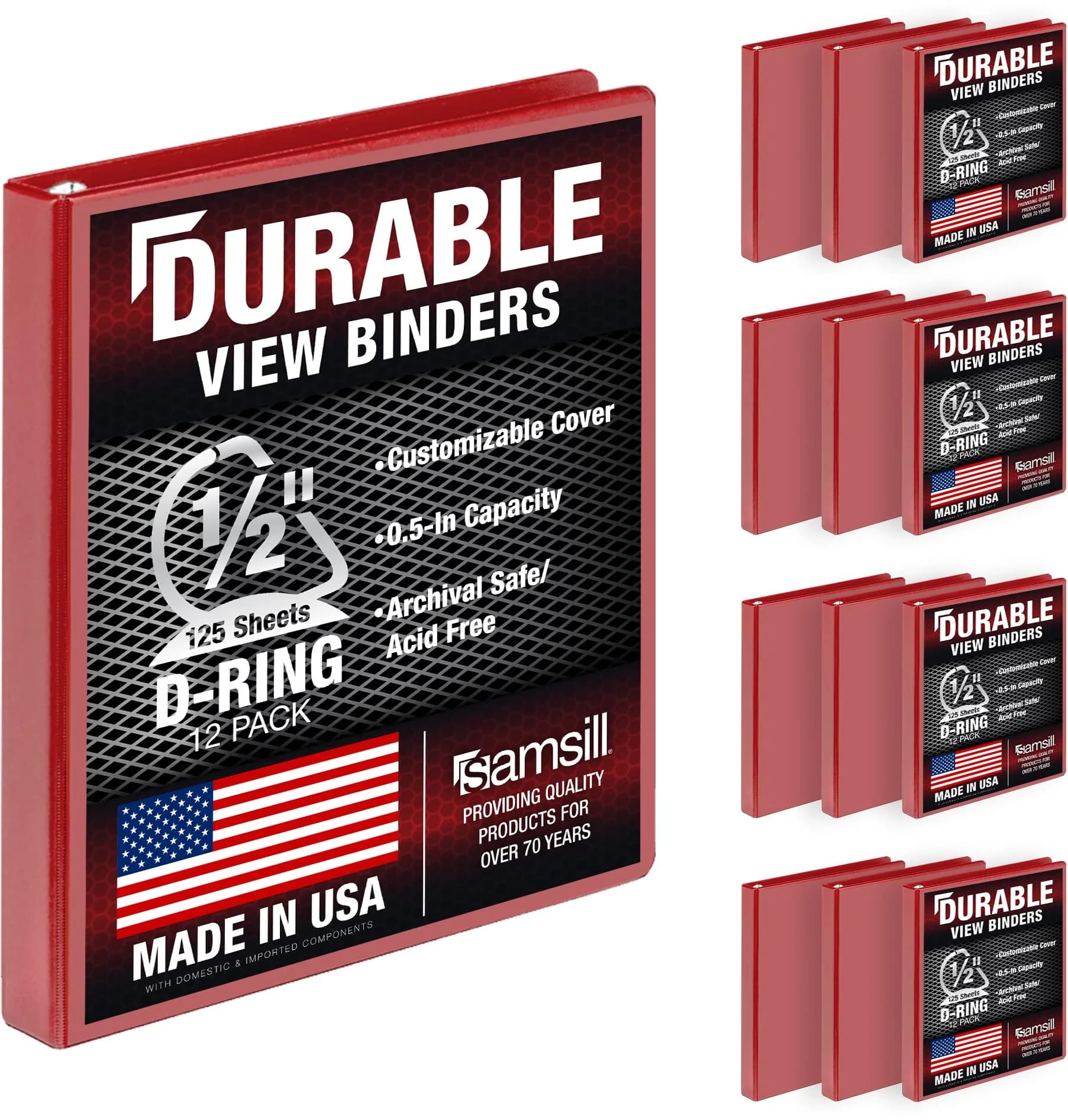 Samsill 0.5 Inch D-Ring Binder, Red, 12 Pack | Heavy-Duty Recycled Chipboard for 600 Sheets